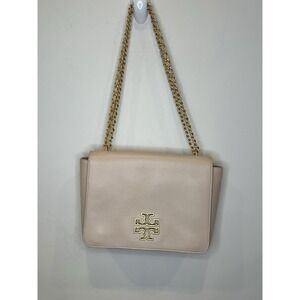 Tory Burch Kira Pebbled Leather Shoulder Bag Blush Pink Gold Chain Logo Flap EUC